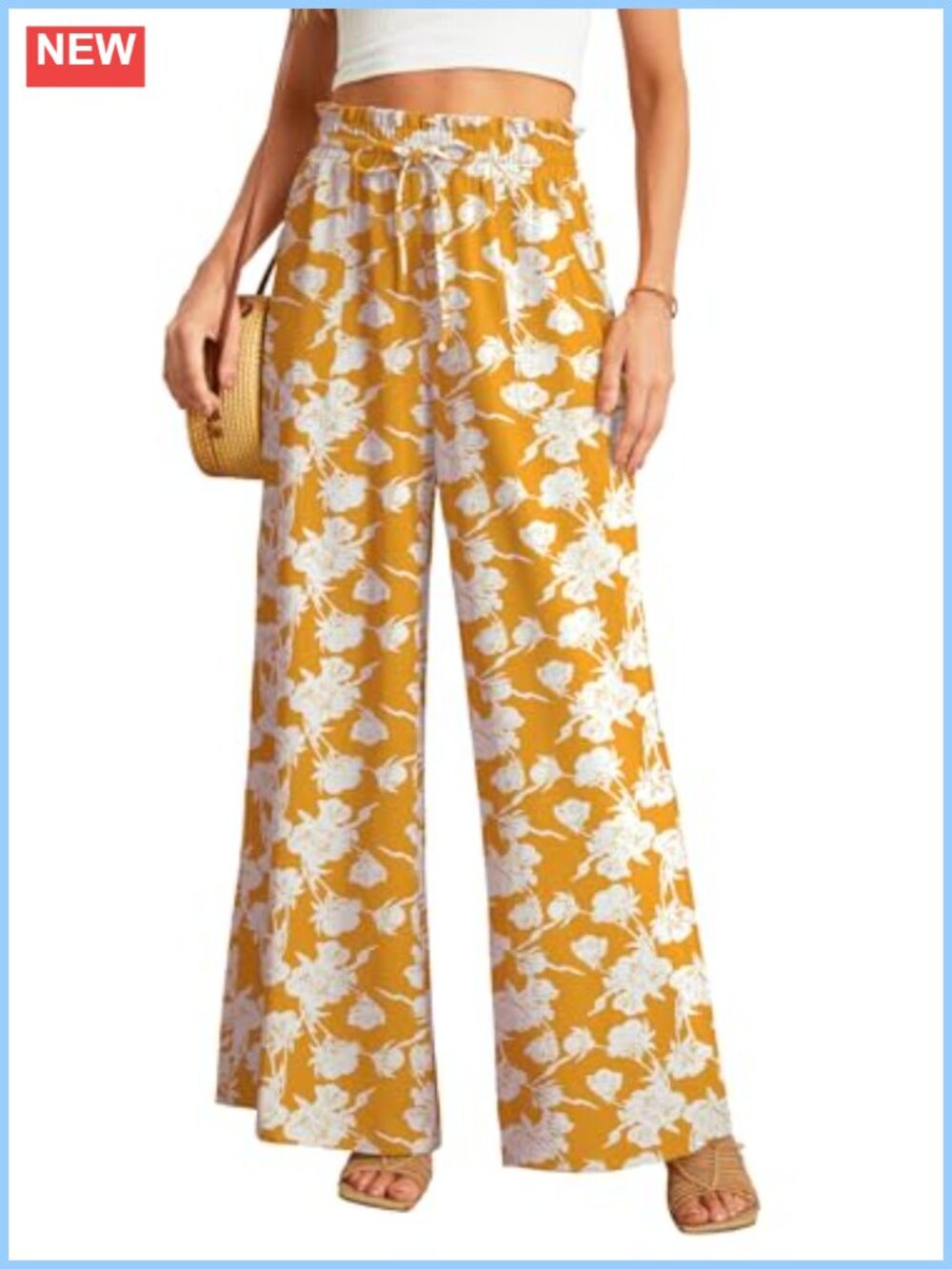 Women Wide Leg High Waist Flowy Palazzo Trouser Pants with Pockets